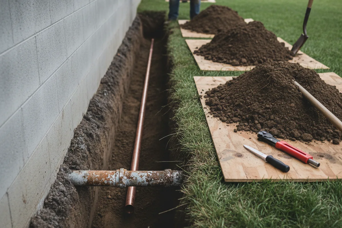 Excavated water line trench during Water Softener Installation in Gallatin